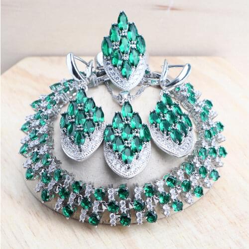 Green Zirconia Women Bridal Silver 925 Jewelry Sets Fine Costume Jewellery Wedding Earrings Rings Bracelets Pendant Necklace Set