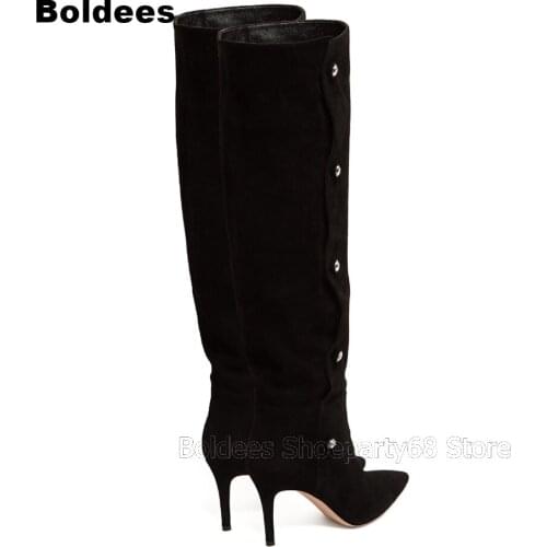 Flock Black Suede Leather Knee High Winter Long Boots Women Stiletto Heeled Knee-High Boots Rivet Pointed Toe Embellish Botas