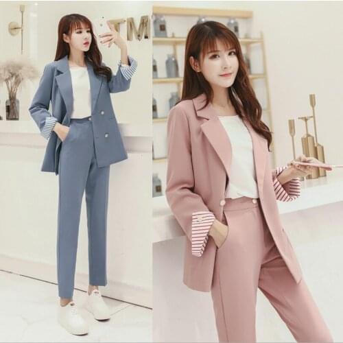 2019 High quality women Pants suit fashion slim solid color from long sleeve lapel jacket trousers 2 piece female set OL office