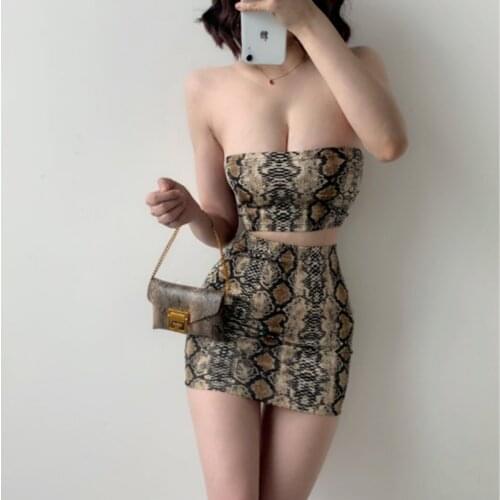 2021 Summer New Style Women European and American Sexy Low-cut Snake Print Tube Top + Short High-waist Skirt Two-piece Suit Y269