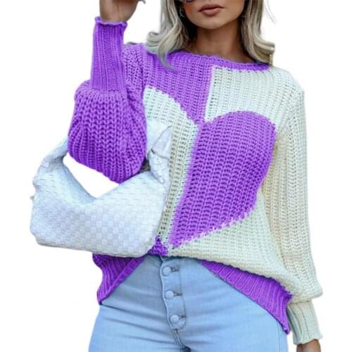 2021 Women Heart Print Sweaters Hollow Out Design See Through O-Neck Long Lantern Sleeve Spring Autumn Casual Loose Knitted Top