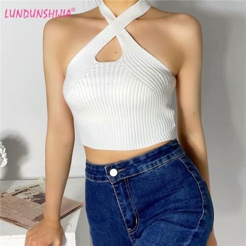 LUNDUNSHIJIA Summer Fashion Women Sexy Cross Halter Knitting Tank Tops Fashion Solid Knitting Sleeveless Short Style Vests Top