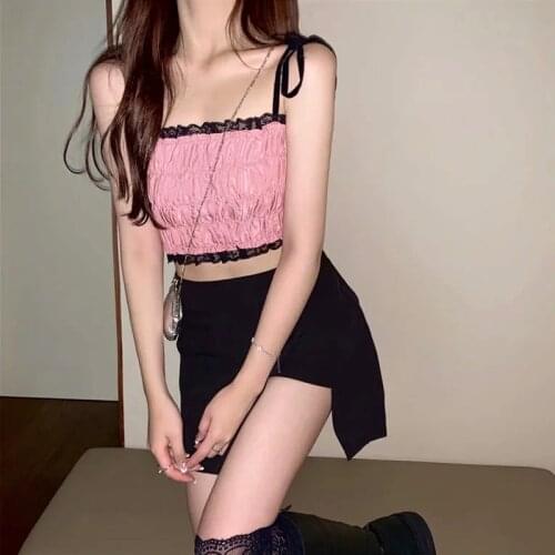 Women Shirred Crop Cami Top With Lace Hem