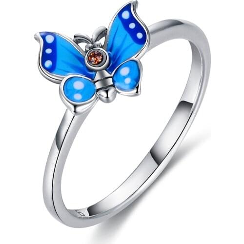GW Fashion Jewelry European Style Butterfly Design Ring With Blue Enamel Crystal Rings For Women RIPY027H20