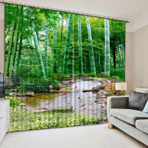 3D Curtain Fashion Customized Curtain Bamboo Forest, Small Stream, Goldfish flower Curtains For Bedroom Blackout Shade Window