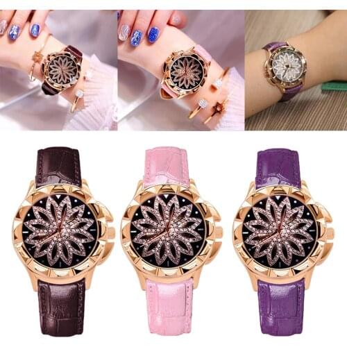 Lucky Womens Bracelet Watch Rotating Flower Dial Crystal Quartz Wristwatch