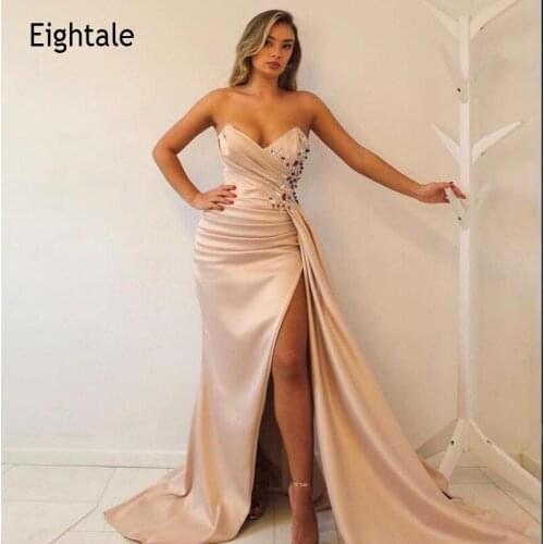 Eightale Elegant Evening Dresses Sweetheart Beaded with Rhinestones Pleats Satin Sexy Mermaid Prom Gown Formal Party Dress