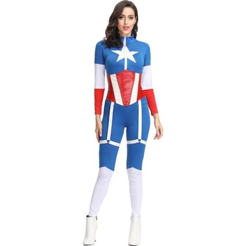 Captain America Cosplay Costume Women Zentai Jumpsuit Fancy Party Dress Up Superhero MS4385