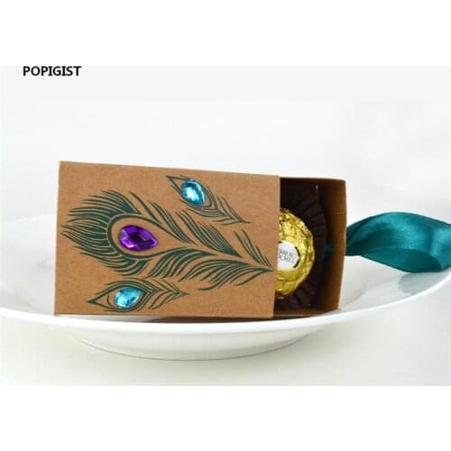 Peacock Feather Candy Boxes Drawer Design Wedding Favors Faux Rhinestone Kraft Paper Gift Boxes scatole regalo 50pcs