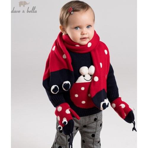 DBM11687-2 dave bella autumn baby girls red jacquard cotton wool gloves scarf