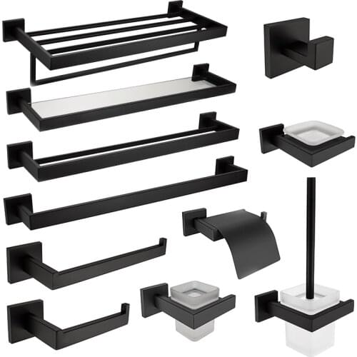 Black Wall-mounted Cloth Hook Towel Ring Toilet Paper Holder Tooth Brushing Glass Cup Soap Basket Hardware Bathroom Accessories