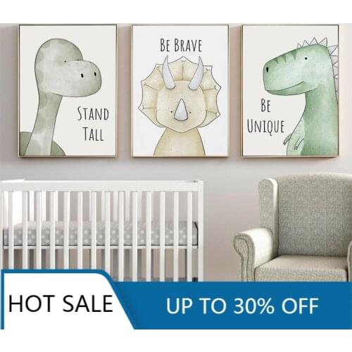 Cute Cartoon Wall Art Canvas Painting Animal Dinosaur Pictures Be Brave Be Strong Letters Kindergarten Nursery Kids Room Decor