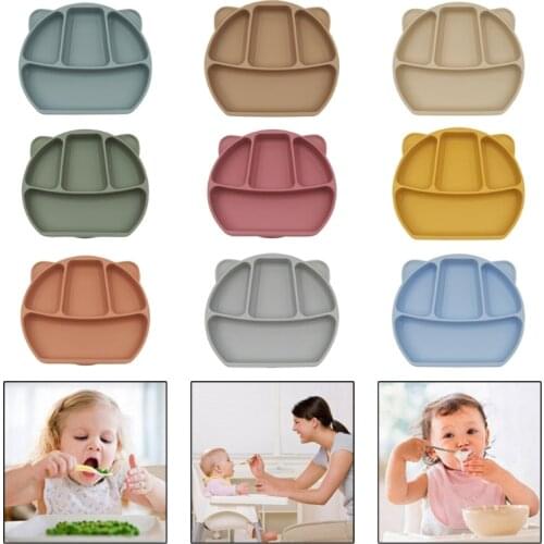 Baby Suction Cup Bowl Divided Dinner Plate Infants Learning Feeding Dish Non-toxic BPA-Free Silicone Solid Color