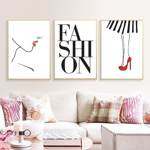 Fashion Posters and Prints Wall Art Canvas Wall Pictures for Girls Room Red Lipstick and Heels Girly Nordic Art Canvas Painting