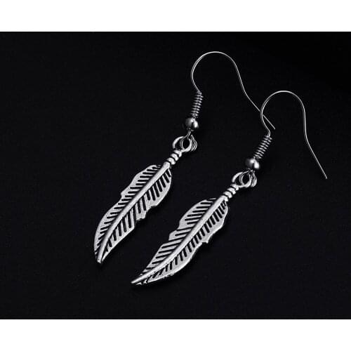 Trendy Feather Shape Dangle Antique Silver Plated Earrings for Women Girl Retro Drop Earrings Cute Earring Jewelry Bijoux