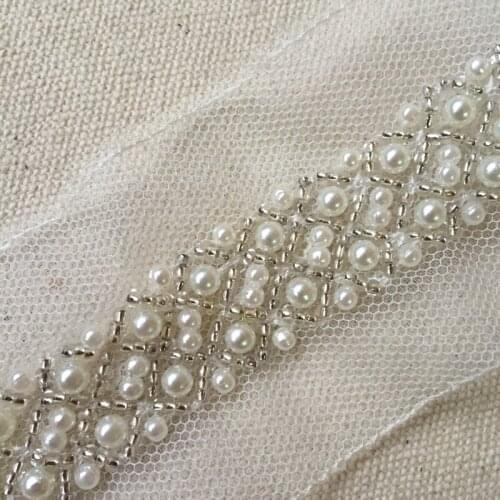 5.7 Yards 5cm width ivory beaded trim, White gauze Imitation pearl lace, wedding dress lace, headwear, garment accessories