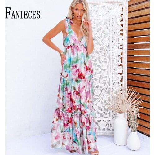 FANIECES Spring Summer Long Dress Sexy Women V-Neck Open Back Sleeveless Holiday Beach Dresses Sling Print Robes Halter Vestido