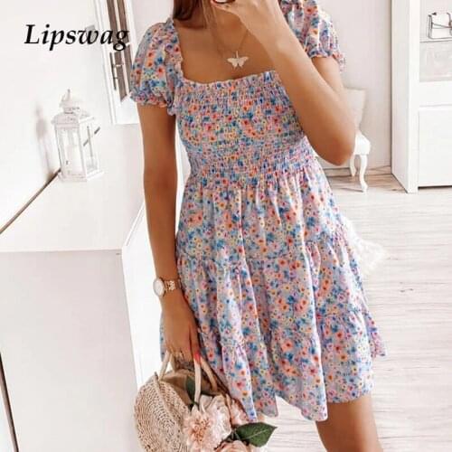 Casual Loose ​Square Collar Short Sleeve Dress 2021 Summer Elegant Ladies Fashion Women Print Mini Dress Sexy A-Line Party Dress