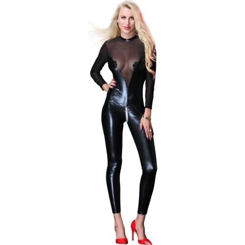 Wet Look PU Faux Leather Mesh Patchwork Bodycon Jumpsuit Long Sleeve Zipper Open Crotch Bodysuit See Through Sexy Clubwear Body
