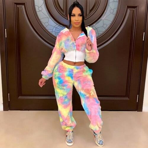 OMILKA Tie Dye Printed Wool 2 Piece Set Women Hooded Zipper Jacket and Long Pant Set 2020 Autumn Colorful Sporty Outfits