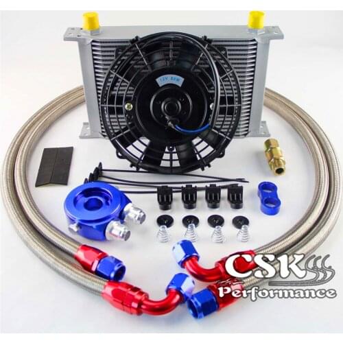 Universal 25 Row 248mm AN10 British Oil Cooler+Filter Adapter+7" Electric Fan Kit Black/Blue