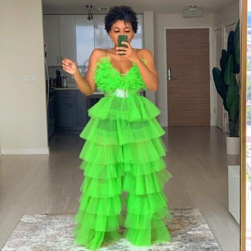 Boutique Pants Women Ruffles Layers Long Pants Black Girl Saias Jupe Vestidos Da Donna Party Pants Neon Green Fashion Tulle
