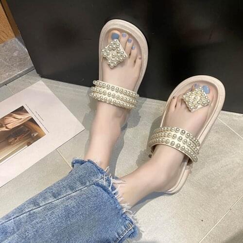 Womens Fashion Flip Flops 2021 Summer New All-Match Pearl Flat Sandals And Slippers