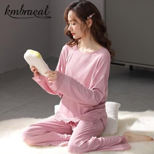 Women Pajama Sets Modal Pijamas Sleepwear Lady Long Sleeve Lace Nightwear Femme Solid Color 2 Pieces Set Homewear Plus Size 3xl
