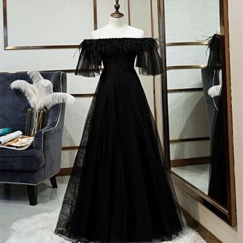 ERINBESS Robe De Soiree A-line Black Evening Dresses Long Dress Party Dress Vestido De Festa Sexy Boat Neck Evening Dress 2020