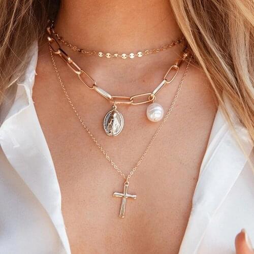 Fashion Gold Virgin Mary Portrait Cross Faux Pearl Pendant Necklaces For Women 2020 Vintage New Female Necklace Jewelry Gift
