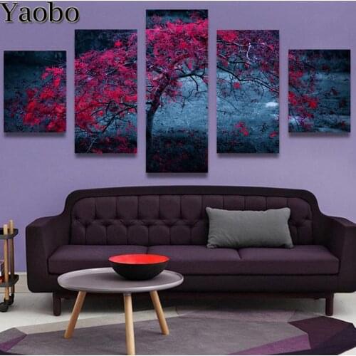 5D DIY Diamond Painting 5 Panel Red Tree Landscape Full Square round Diamond set Embroidery Beads Cross Stitch Home Decor