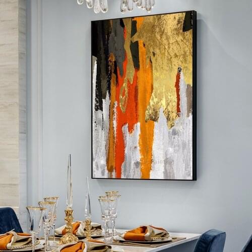 Hand painted Gold Orange Black Abstract Oil Painting on Canvas Big Wall Art Acrylic Picture for Home Decor Caudros Decoracion