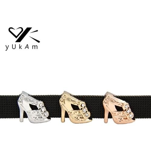 YUKAM Jewelry Silver Color Rhinestones High Heel Shoes Slide Charms Keeper for Stainless Steel Mesh Bracelet Accessories Making