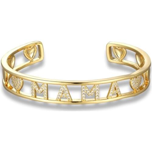 Mama Letter Love Cuff Bracelet Gold Color Rhinestone Charm Copper Opening Adjustable Design Bangles Hollow Simple Trendy Jewelry