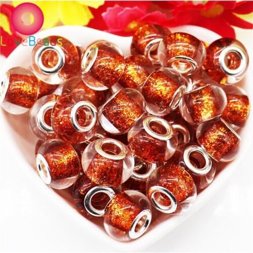 10Pcs Gold Color Glitter Powder Big Hole Round Glass Murano Silver Plated Spacer Beads Fit Pandora Charm Bracelet Women Jewelry