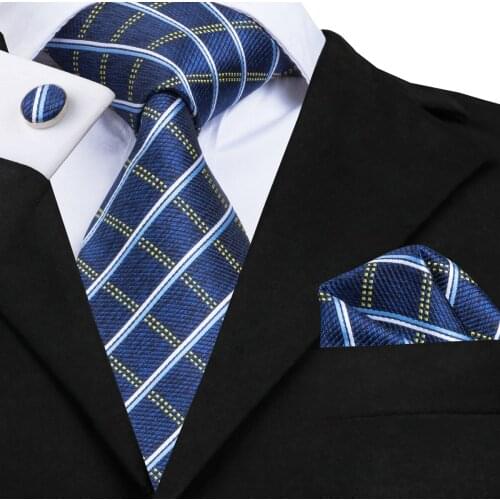 SN-1673 Classic Plaid Ties For Men Blue Business Necktie Luxury Silk Woven Neck Tie Square Cufflinks Set For Formal Wedding Suit