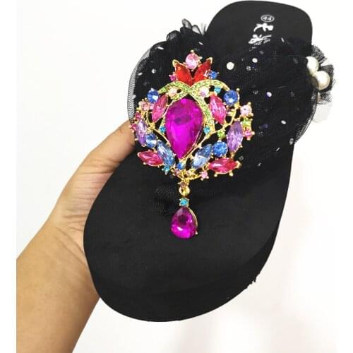HAHAFLOWER Summer new hand-sewn yarn luxury diamond thick sole with flip-flop color jewel muffin slippers 34-44