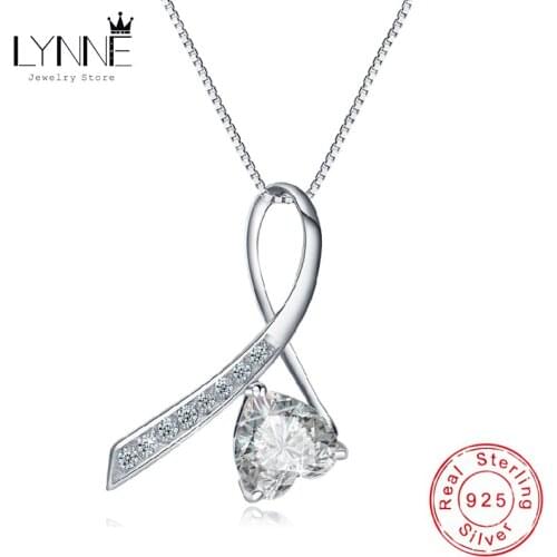 LYNNE Jewelry New 925 Sterling Silver Ribbon Heart Zircon Pendant Necklace Women Fashion Party Wild Rhinestone CZ Clavicle Chain