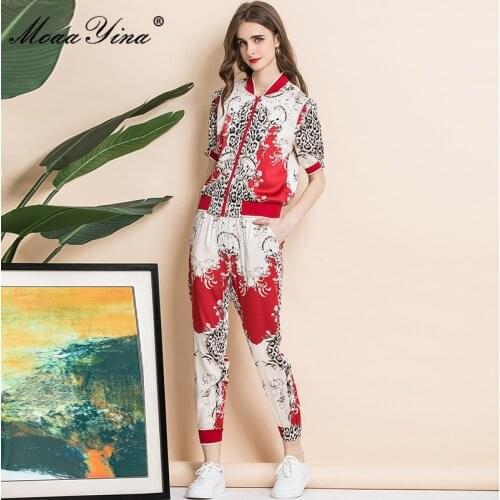 MoaaYina Fashion Runway Designer Summer Slim Leopard Print Sets Womens Short sleeve Jacket Tops and Pant 2 Two Pieces Suit