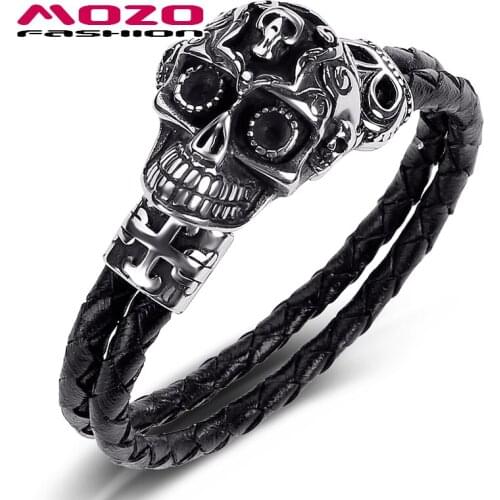 Fashion Male Jewelry Double Layer Leather Bracelet Stainless Steel Punk Locomotive Skull Charm Exaggeration Bangle PS1033