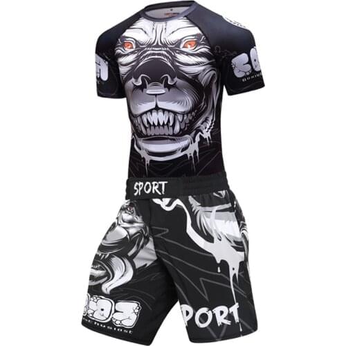 T-shirt Men Compression Jersey+Pants Boxing Set MMA shorts Rashguard Tricks Muay thai Bjj Kickboxing BJJ Training gear Sportsuit