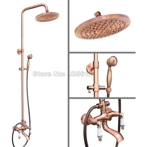 Bathroom Wall Mounted Dual Ceramic Handles Bathtub Mixer Tap Antique Red Copper Rain Shower Faucet Set W/ Handheld Shower Wrg543