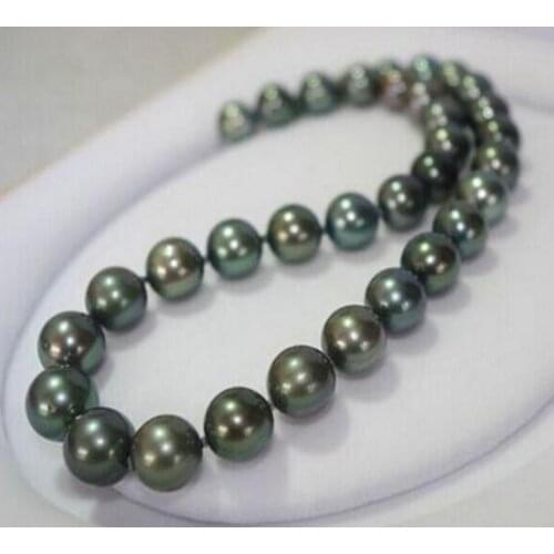 Free shipping Noble jewelry AAA 11-12mm round 100% natural tahitian peacock green pearl necklace 17inch