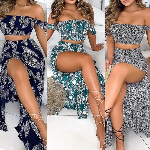 2pc Dress Women Summer Sexy Print Long Dresses Tube Top Split Party Casual Dress Bohemian Beach