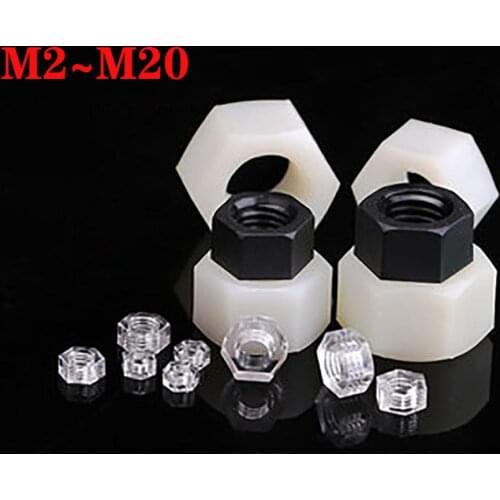 Clear/Black/White DIN934 Nylon Hex Nuts Plastic Hexagon Nuts For Bolt Screw M2 M2.5 M3 M4 M5 M6 M8 M10 M12 M14 M16 M18 M20