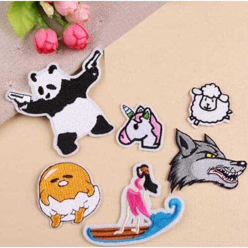 Cartoon Horse Little Sheep Patches Clothes Iron on Two Gun Panda Embroidered Wolf Head Badges Applique DIY Apparel Accessory