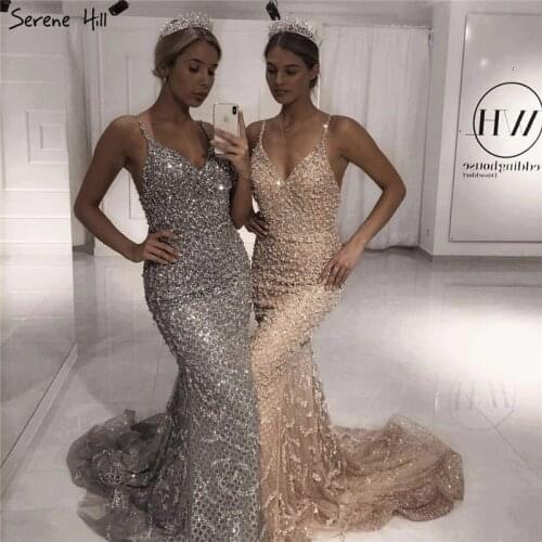 Dubai Grey Sexy Mermaid Evening Dresses 2020 Pearls Beading Luxury Sleeveless Evening Gowns Real Photo BLA60729