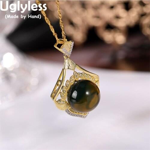 Uglyless New Popular Natural Blue Amber Necklaces for Women Elegant Dress Pendants + Chain Crystals 925 Silver Fashion Jewelry