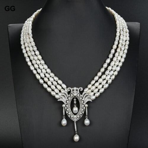 GuaiGuai Jewelry 4 Strands 18" White Rice Pearl Necklace CZ Pendant