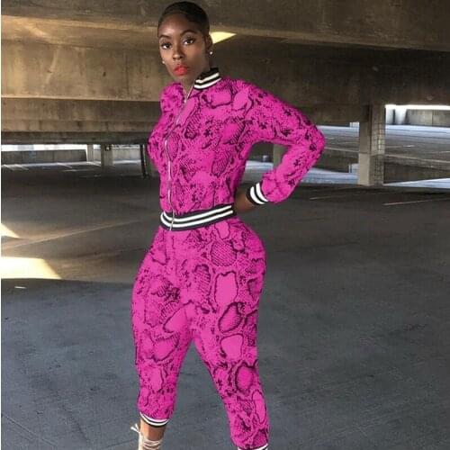 Plus Size Casual Tracksuit Women Set Autumn Snake Print Joggers Women Set Fitness Sportswear Zipper Crop Top Pants Matching Sets